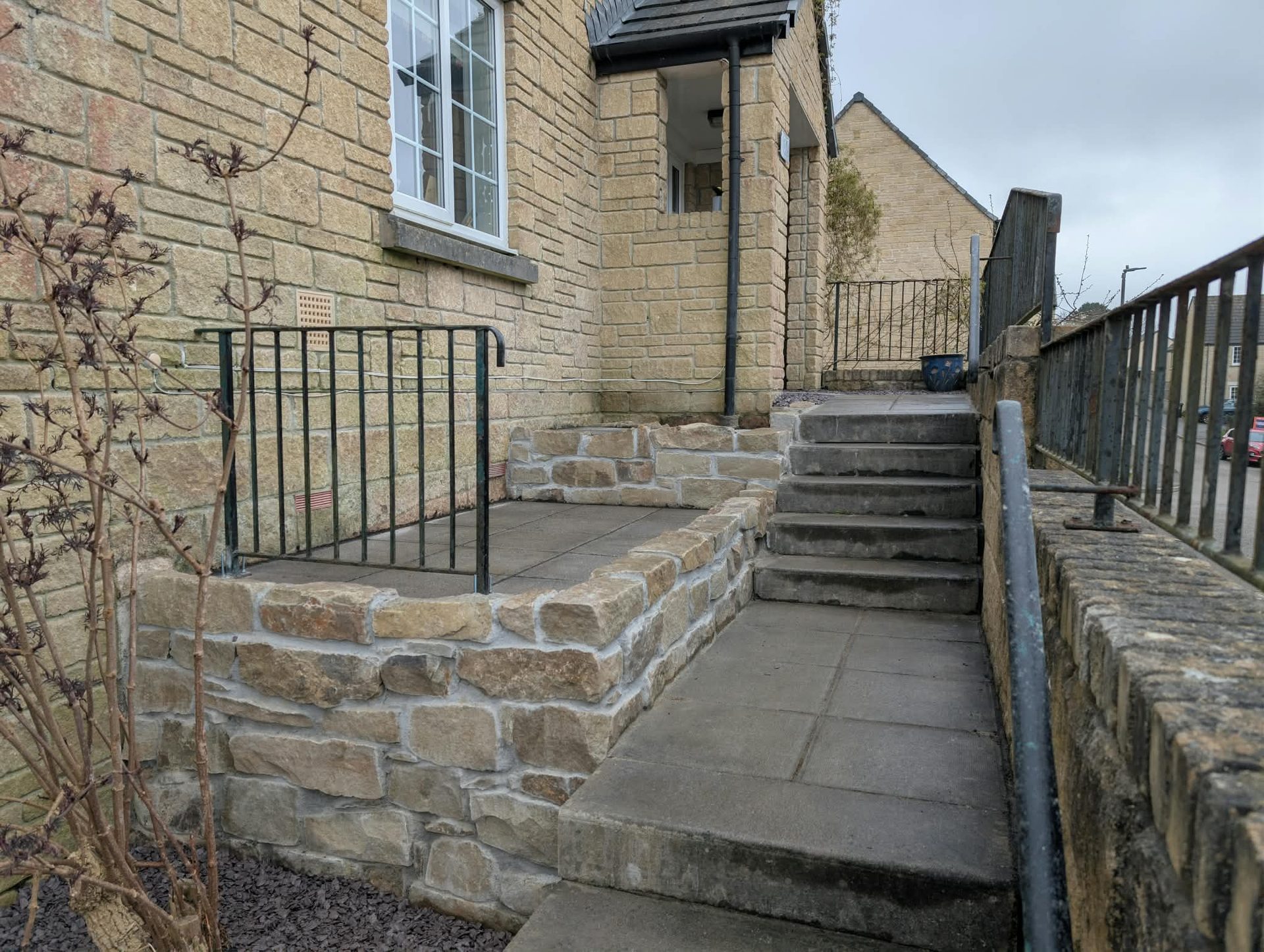 New Cornish stone walling and steps at a house entrance in Cornwall