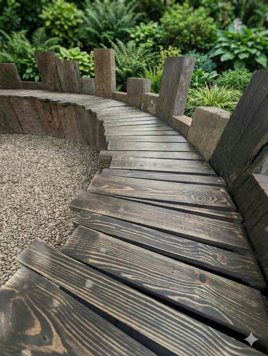 Close-up of a curved timber sleeper bench