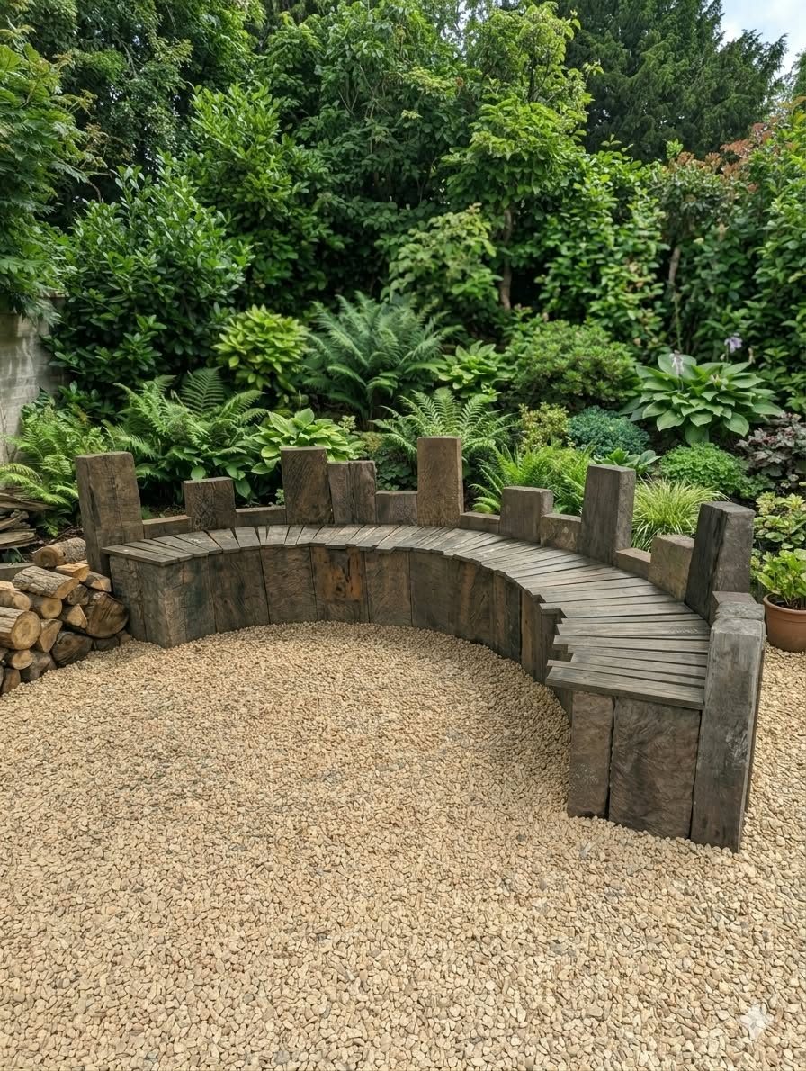 Curved timber sleeper bench in a gravel garden